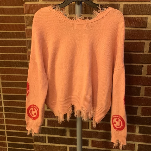 Ladies No Comment Sz Lg Frayed Smiley Face Cropped Sweater NWOT - Picture 3 of 6
